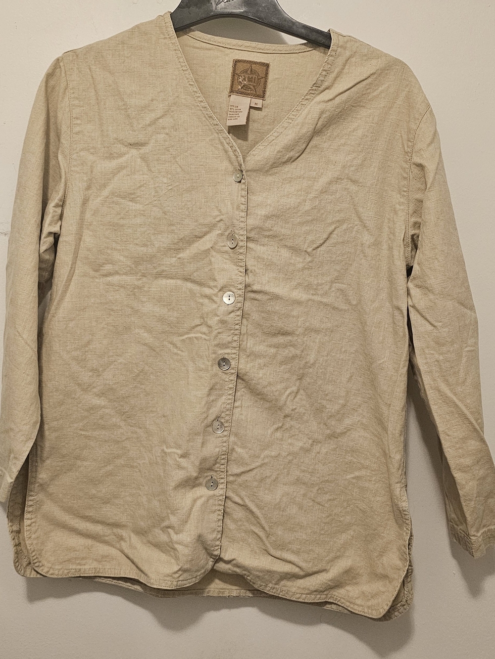 Ami Beige Button-Front V-Neck Long Sleeve Blouse